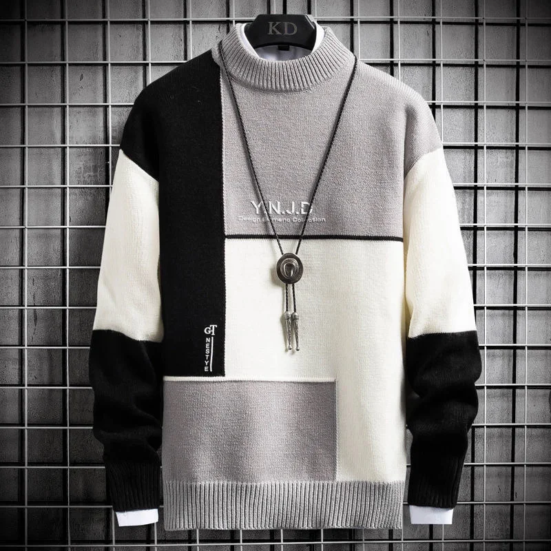 Fashion Half High Collar Knitted  Embroidery Color Sweater Men's Clothing 2023 Autumn New Loose Casual Pullovers Tops