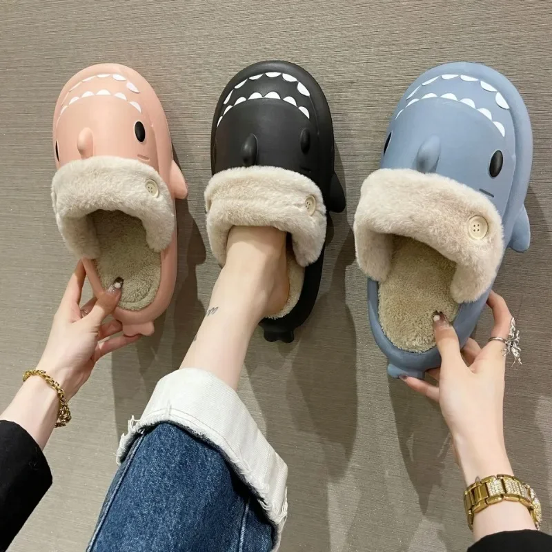 Shark Cotton Slippers Woman Waterproof Winter Indoor Non-slip Slides Plush Warm Couple Home Sandals Flat Shoe Shark Flip Flops 2