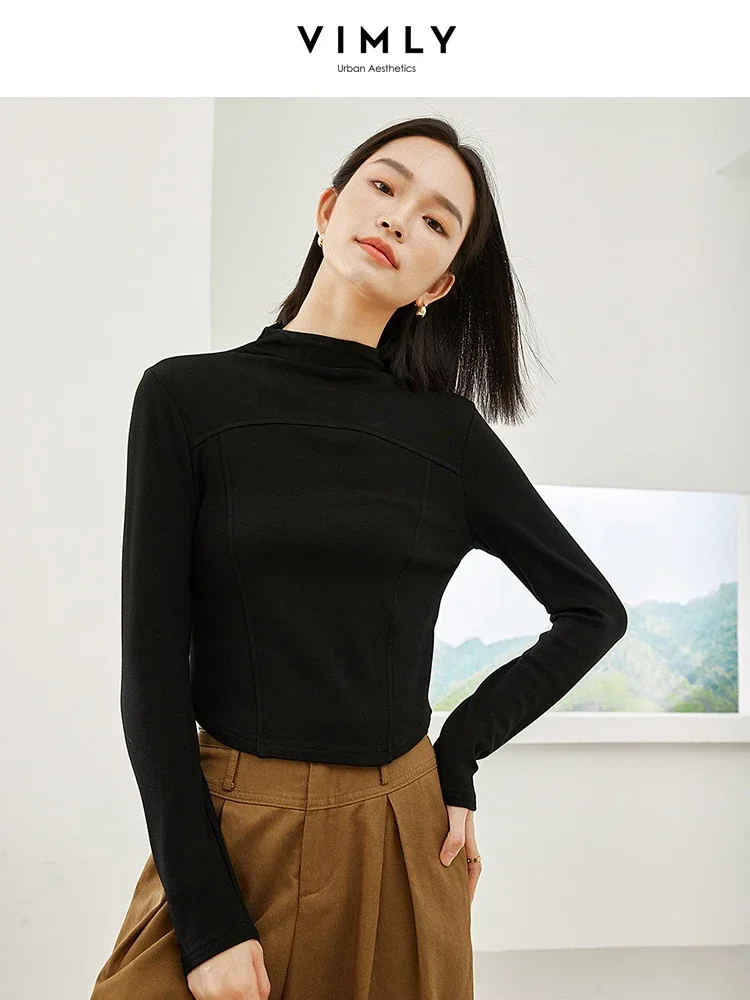 

Vimly Black Slim T-shirt Women's Long Sleeve Top 2023 Winter Half Turtleneck Pullover Tshirts Woman Casual Female Clothing M3883