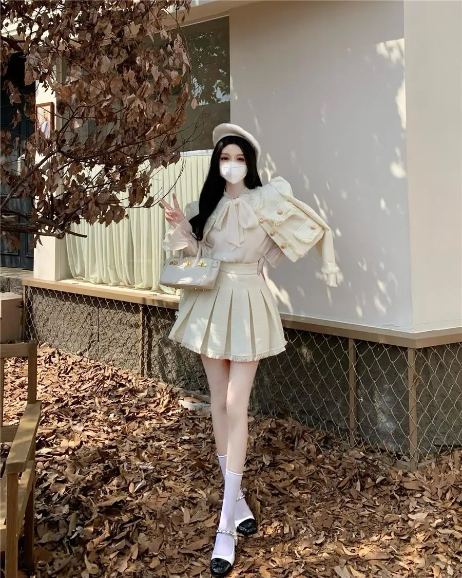 Autumn New French Vintage Tweed Two-Piece Skirt Set Women Short Jacket Coat + Pleated Mini Skirt Suits Korean Luxury Outfits