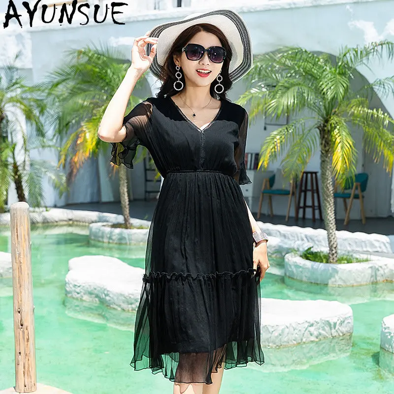 

2023 Summer New Korean Style Dress Women's Clothing Female 95% Mulberry Silk Mid Length Holiday Beach Dress Vestidos De Mujer