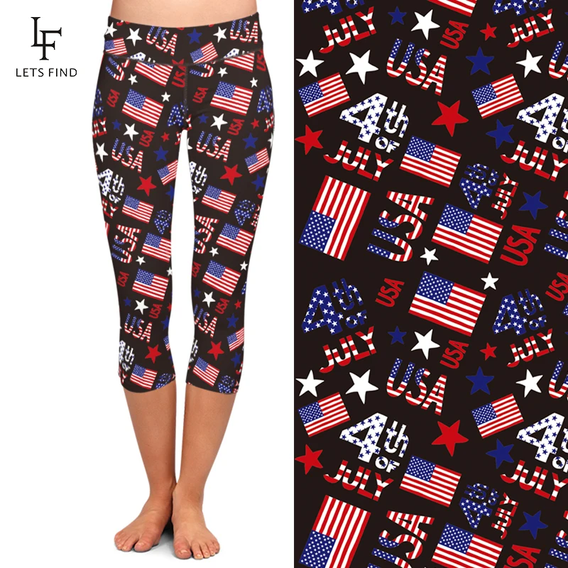 LETSFIND Fashion Women Black Capri Leggings American Flag Printed High Waist  Elastic Fitness Mid-Calf Casual Leggings