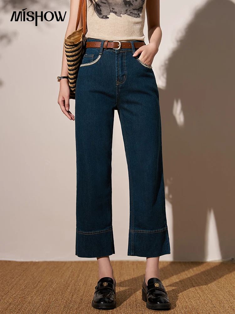 

MISHOW High Waist Retro Blue Straight Leg Jeans Female 2024 Summer Casual Cropped Slim Denim Straight Wide Leg Pants MXD22K0643