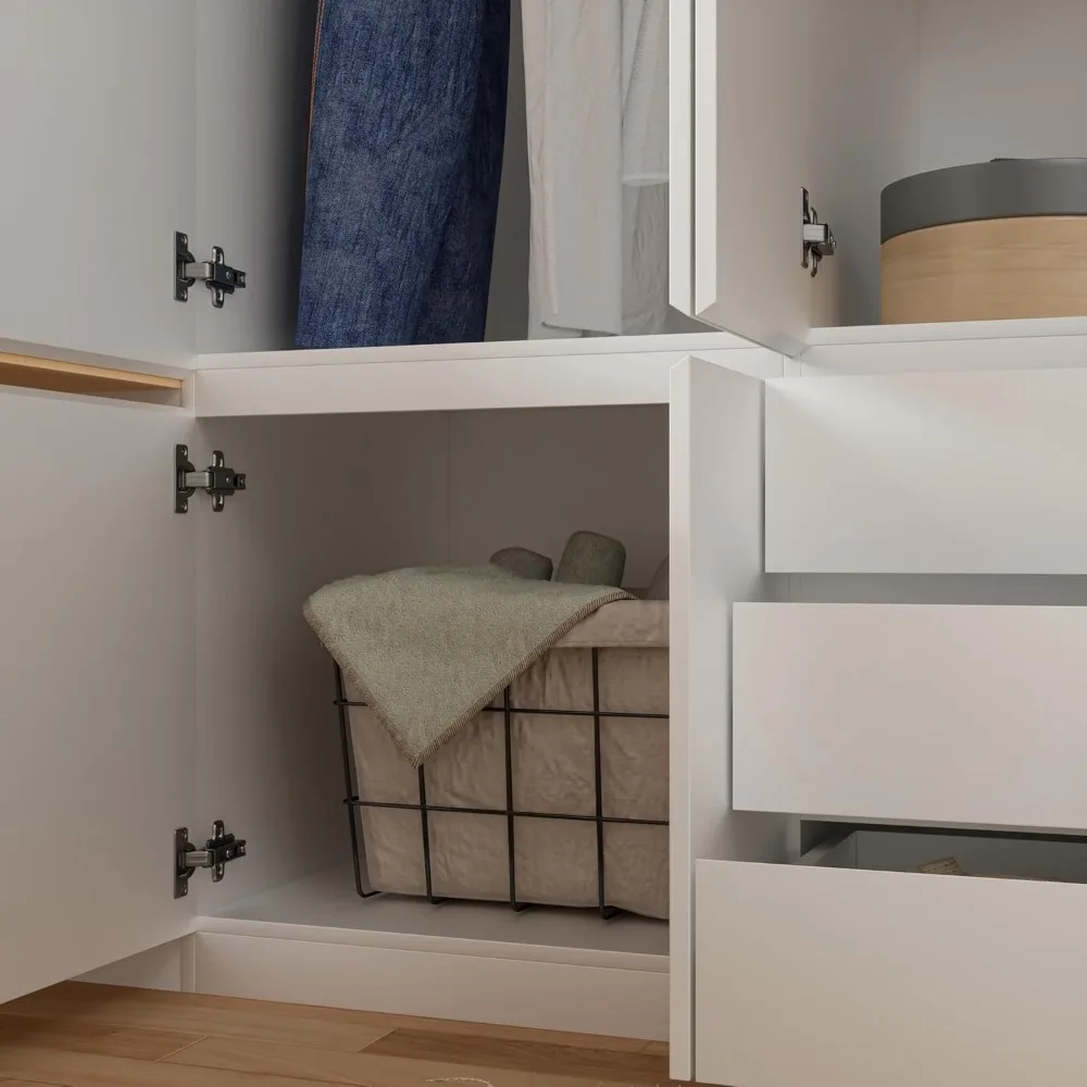 Large Armoire Wardrobe Closet with Drawers and Shelves, White Bedroom Armoires with 6 Doors 2 Hanging Rods, Wooden Freestanding 6