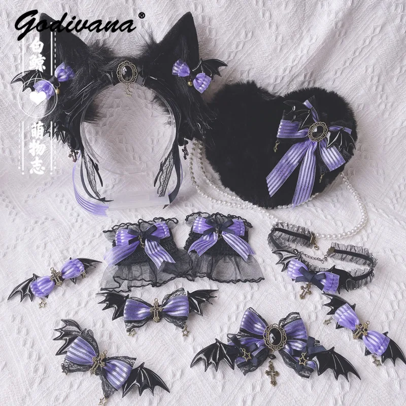 Original Black Purple Hair Accessories Set Dark Goth Lolita Ornament Purple Bow Ears Hairband Hair Clips Headdress Oversleeves hollow out bird cage fishbone two three four five steel black white crinoline cosplay violent lolita transparent slip dress