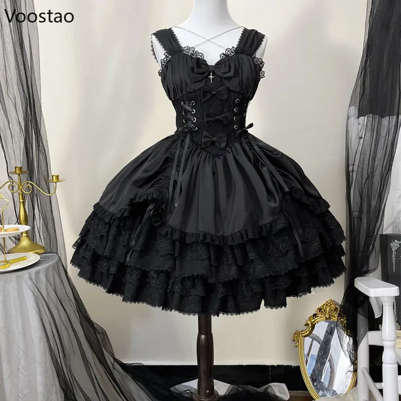 Vintage Gothic Lolita Dress Women Victorian Punk Slim Bandage Princess Party Dresses Girls Cute Metal Cross Bow Evening Dress Lolita Suspender Dress Lolita Dress Lolita Cosplay Costumes
