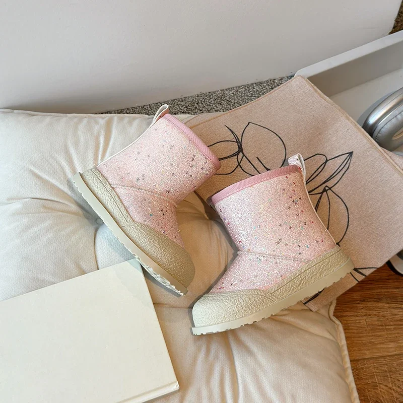 Bottes à paillettes en coton pour filles, taille 26-36, nouveau style hiver 2024, plus veet, deuxième chaussures décontractées pour enfants et bébé_voghion.com