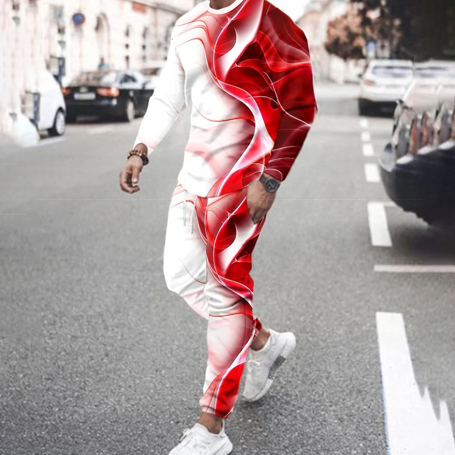 Autumn Men's Long Sleeve T-shirt Set Sports Pants New 3D