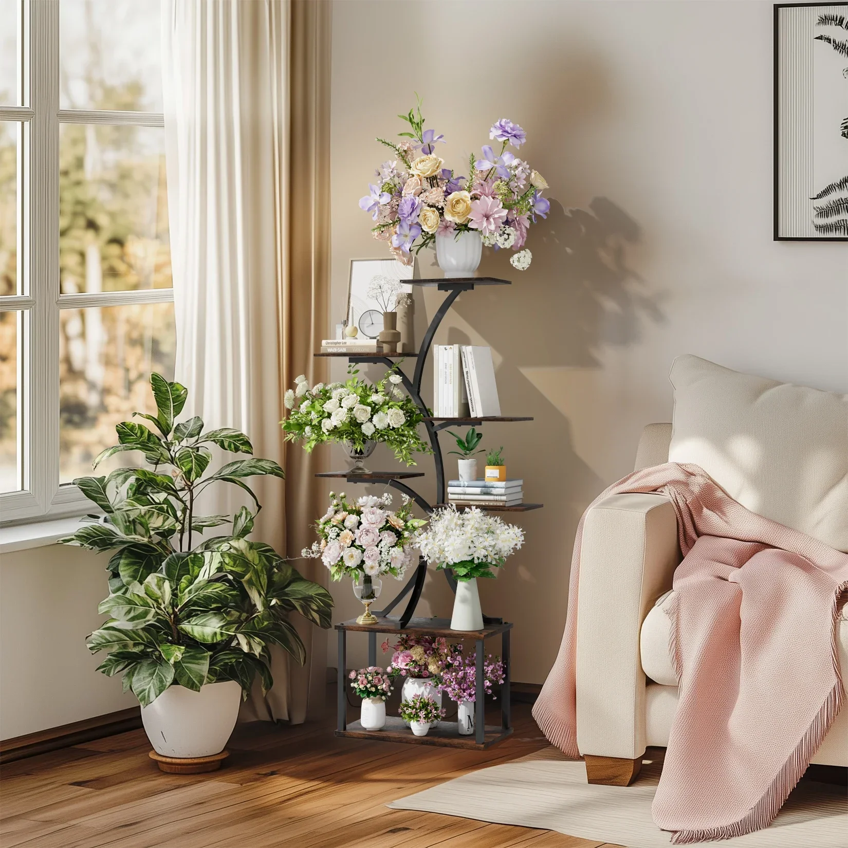Tree-Shaped Industrial Plant Display Stand Rack Corner Holder Flower Multiple Shelves Rack Organizer