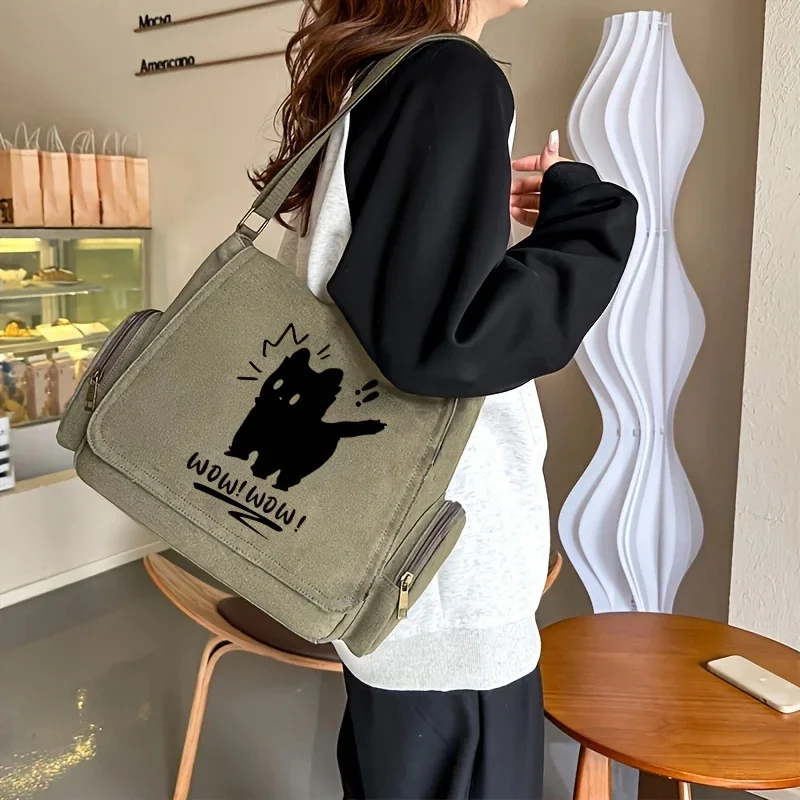 Women's Cat Pattern Crossbody Bags Cute Canvas Shoulder Bag Multiple Pockets Messenger Bag For Female Students To Hold Books Bag