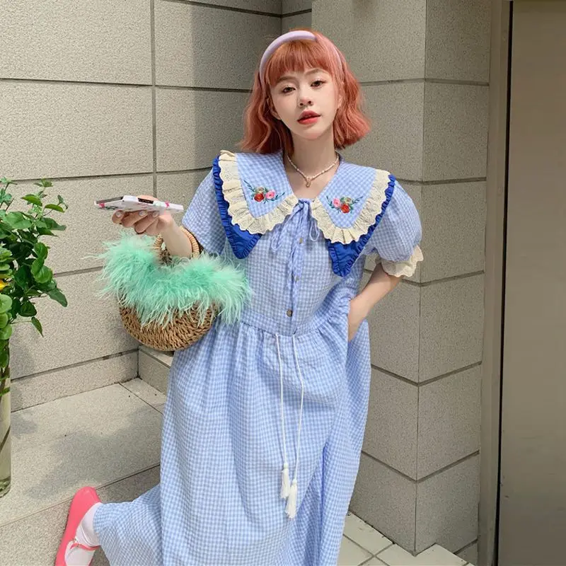 

Dress Plaid Doll Collar Lace-Up Women'S Summer 2022 New Super Fairy Design Mid-Length Short-Sleeved Platycodon Skirt