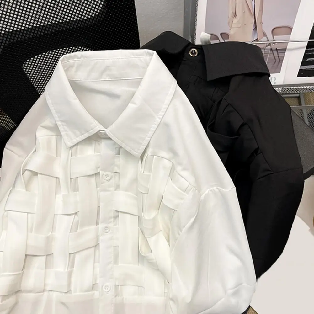 Men Loose Fit Shirt Men's Casual Hollow Braid Long Sleeve Shirt Women's Solid Color Hollow Out Blouse Chic Loose Fit for Spring