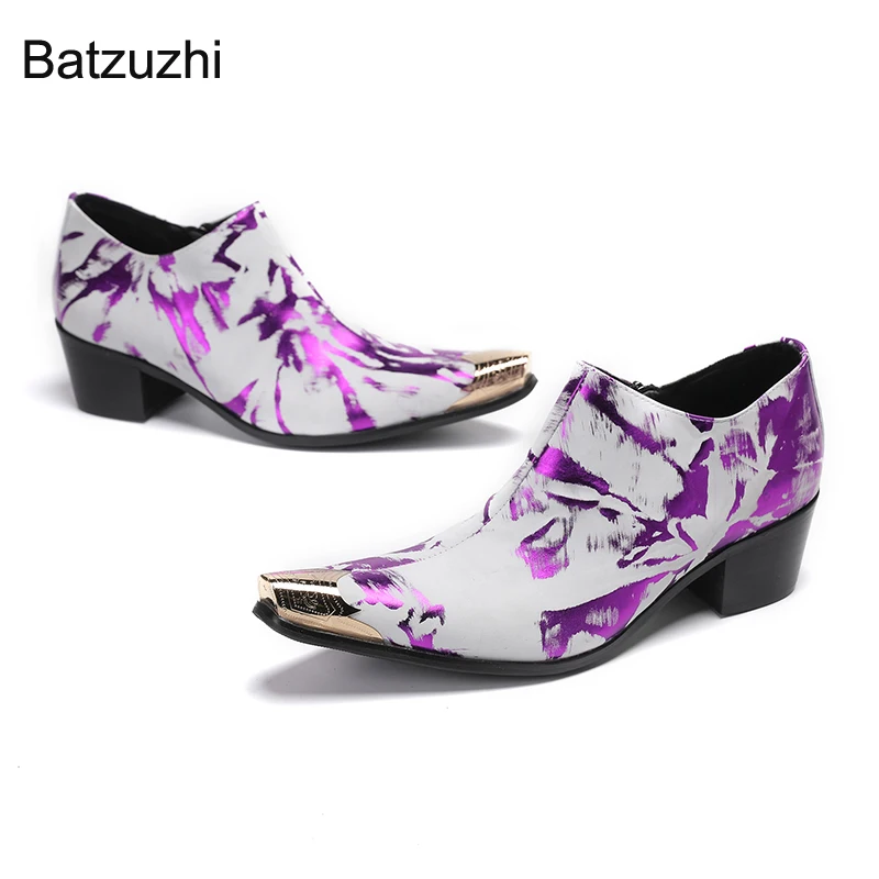 

Batzuzhi High Heel 6.5cm Genuine Leather Ankle Boots Men Zip Purple Business, Party and Wedding Shoes for Men, Big Sizes 37-46