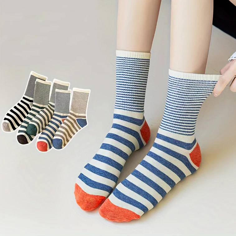 

Носки женские хлопковые средней длины, модные Универсальные прочные повседневные уличные, для походов, 1 пара, в полоску, с цветными вставками