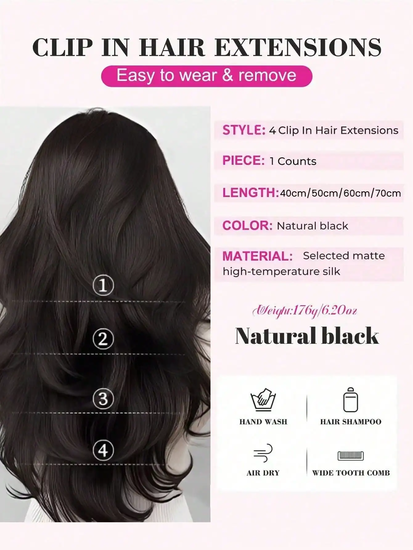 Synthetic Black Curly Clip in Hair Extensions for Women