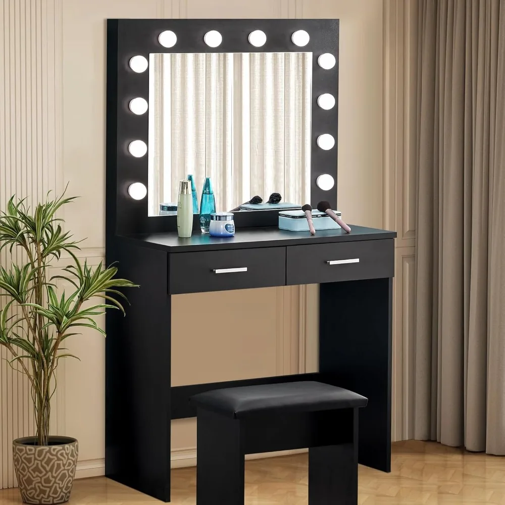 illuminated vanity table with adjustable light, dual drawers, and matching stool for contemporary makeup applications