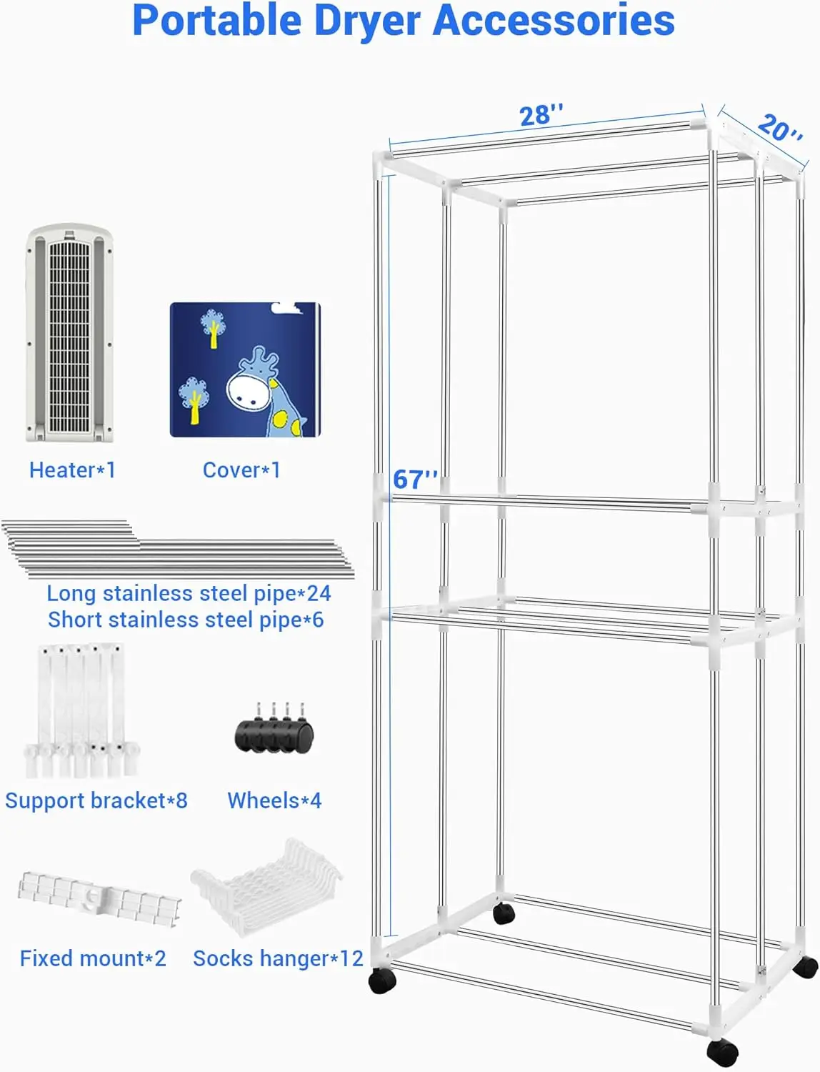 Clothes Dryer, 110V -1600W Portable Dryer, 67Inch -3 Tier Foldable Clothes Dryer Rack, Energy Saving Portable Dryer for 5