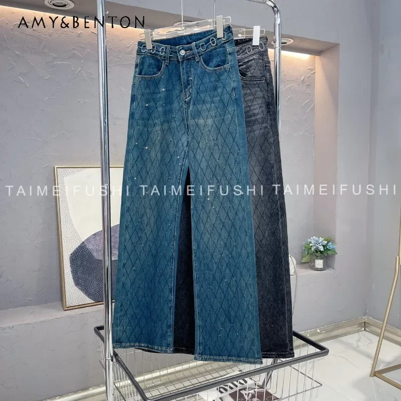 diamond-lattice-rhinestone-denim-straight-leg-pants-women's-autumn-winter-waist-embroidered-ribbon-stretchy-wide-leg-mop-jeans