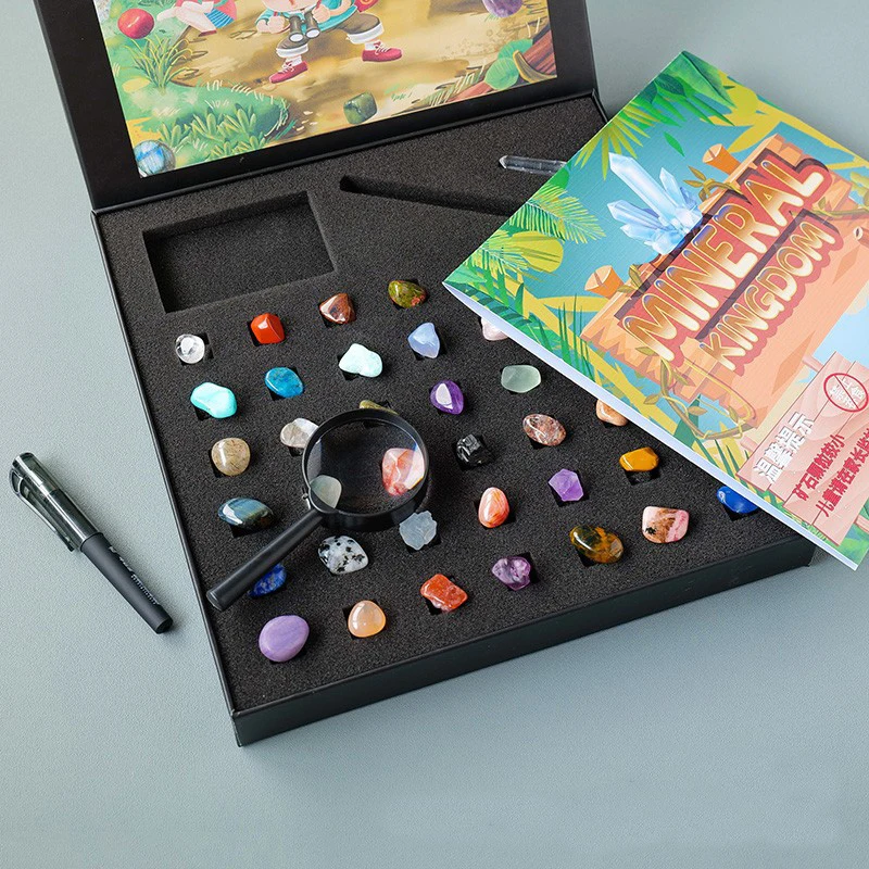 43PCsNaturalCrystalCollectionSpecimenBoxforKidswithMagnifierRocksandMineralsScience