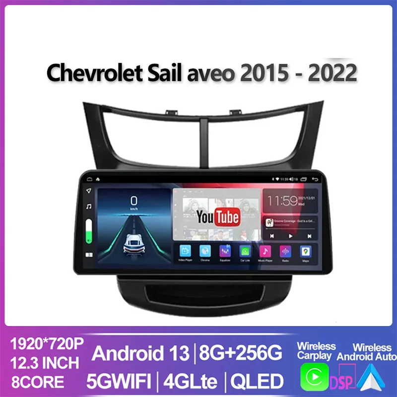 

Автомобильный мультимедийный видеоплеер, экран 12,3 дюйма для Chevrolet Sail aveo 2015 - 2022 carplay Android 13 Auto DSP 2 din 4G NET