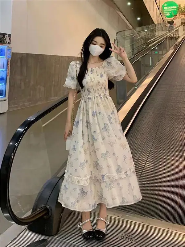 女性のためのフレンチスタイルの花のドレス,パフスリーブ