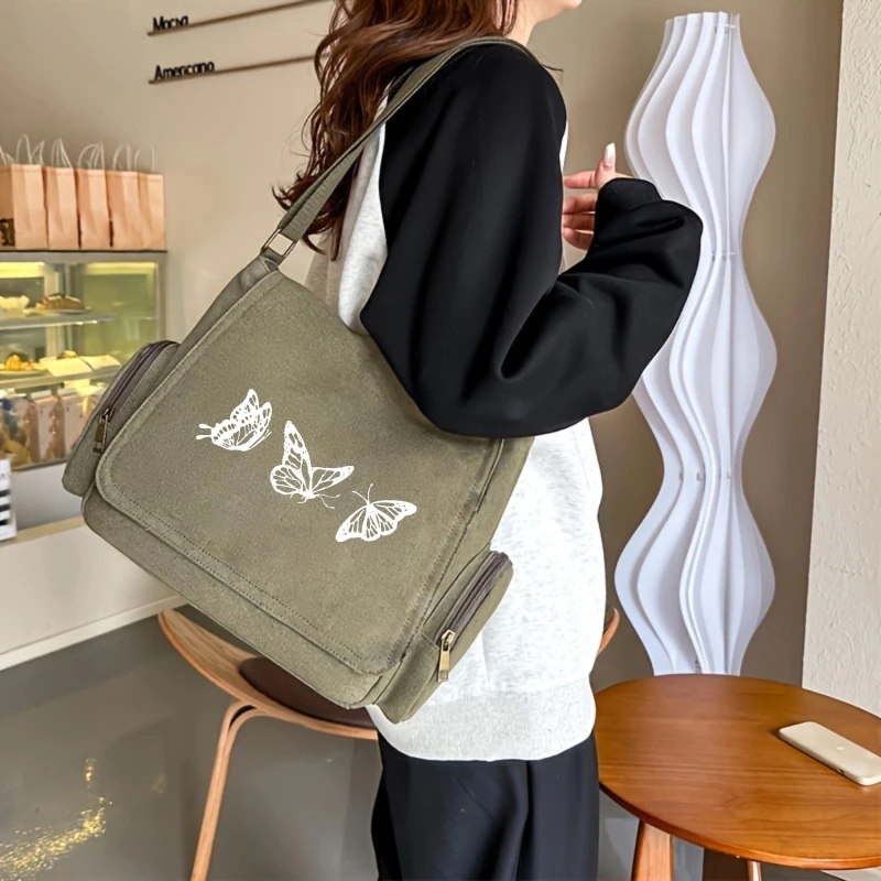 Women's Shoulder Bag Canvas Laptop Bag Large Capacity Crossbody Bag Messenger Bag Butterfly Print Daily