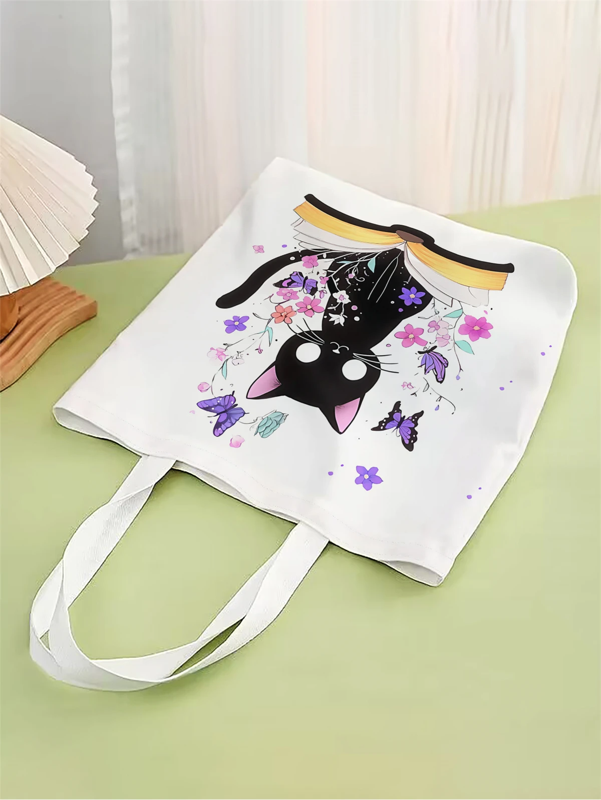 1pc,flower cat handbag, reusable fashionable handbag, multifunctional handbag, printed canvas shopping bag