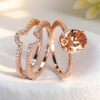 Crystal Female Champagne Zircon Stone Ring Set Fashion Vintage Rose Gold Color Bridal Wedding Engagement Jewelry For Women