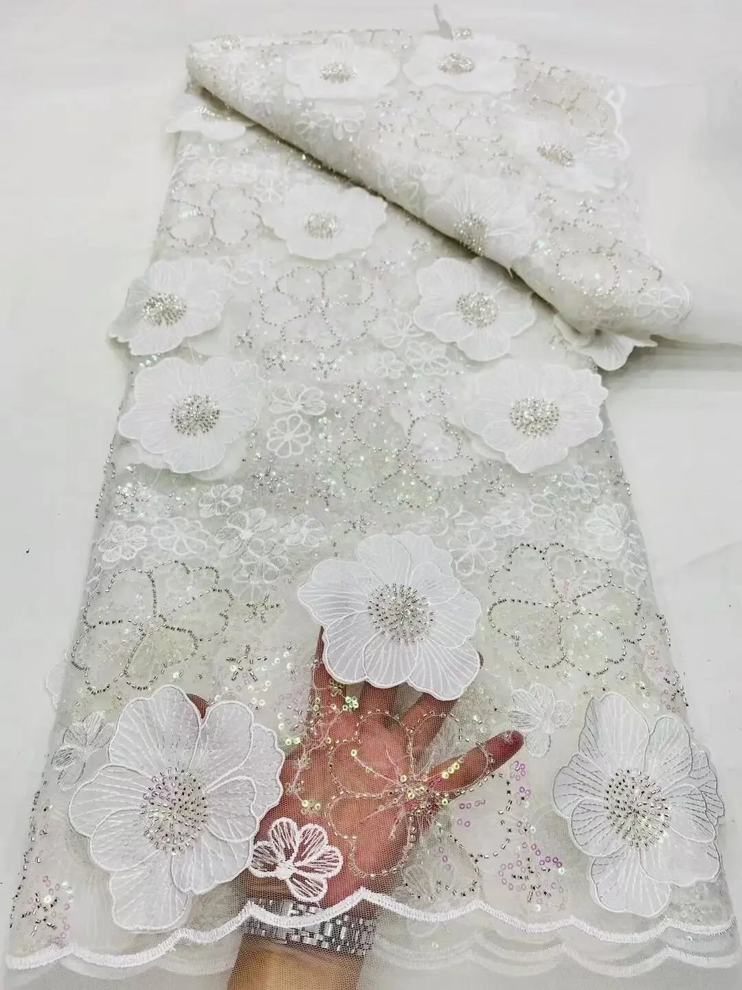 

2024 African Flower Lace Fabric Embroidery French Mesh Lace Fabric With Sequins Nigerian Tulle Lace For DIY Party Dress