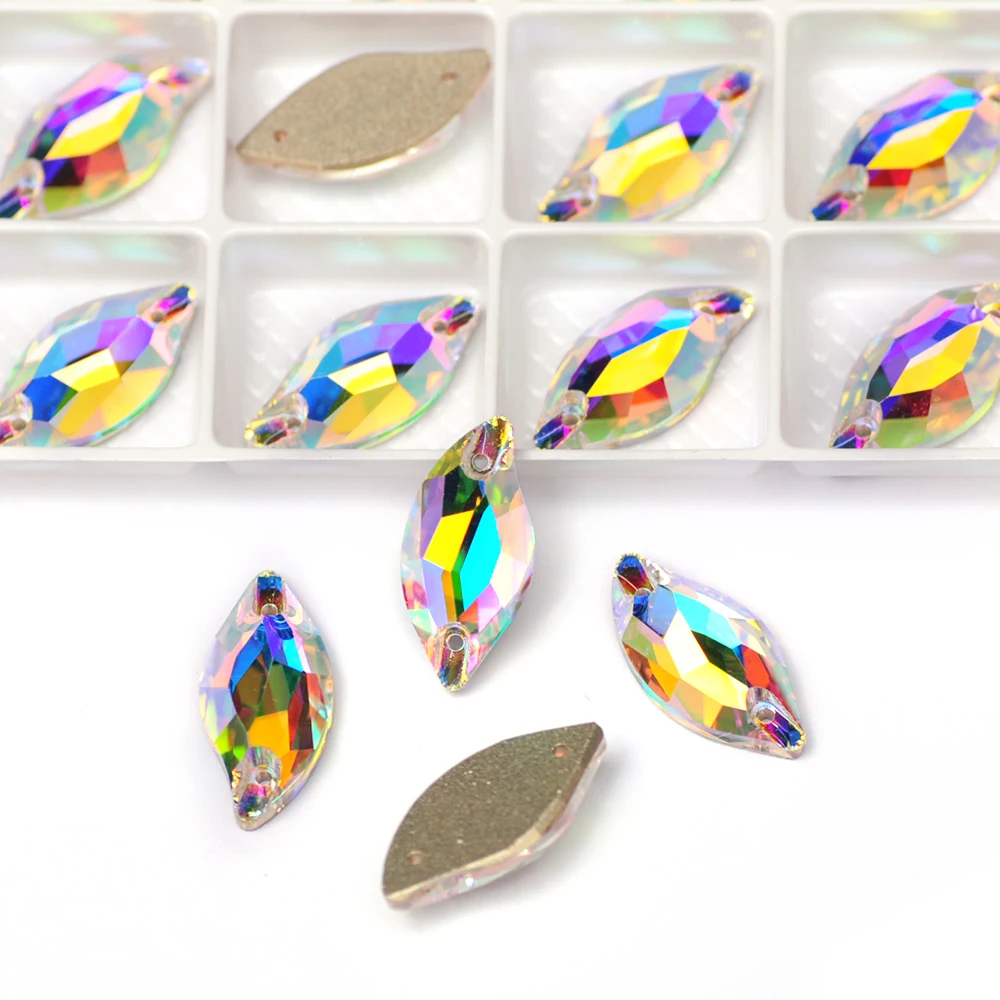 

Best Quality AB Leaf Shape Flatback Strass Material Rhinestones Slotted Hole Sewing Accessories 3D DIY For Garment Decorations