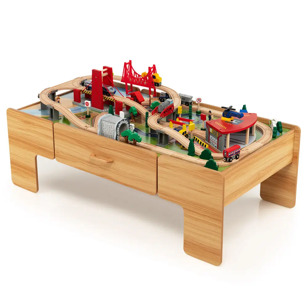 

Babyjoy Kids Wooden Train Set & Double-Sided Table Playset w/100 Pieces & Storage Drawer