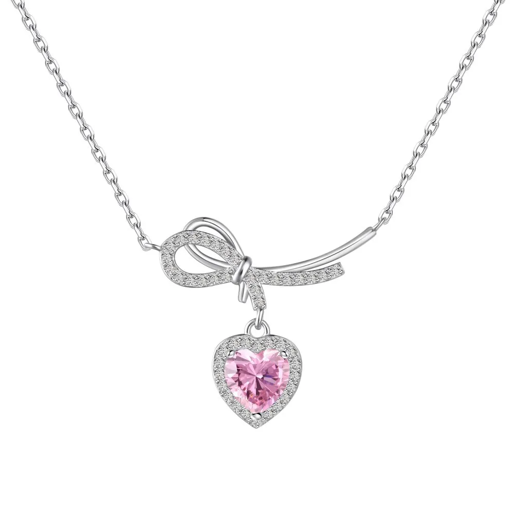 

True S925 Silver Pink Heart Necklace Women's Bow Heart Pendant Necklace Female Luxury Jewelry Shiny 5A Zircon Girl Gift for Lady