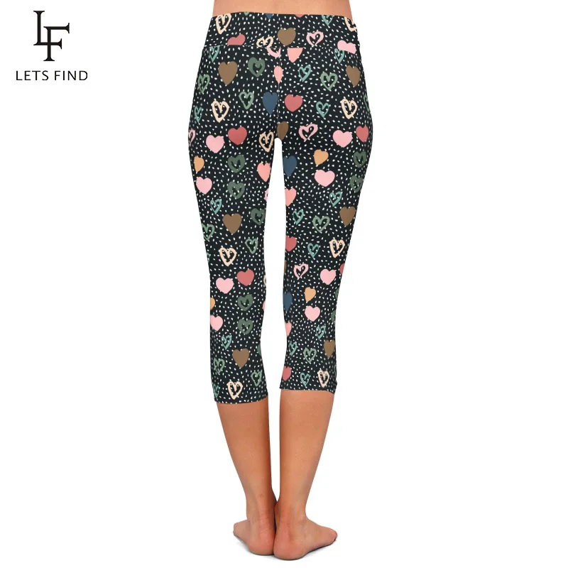 LETSFIND 2020 Summer New Women 3D Heart Printing Capri Leggings High Waist  Comfortable Fitness Girl Leggings