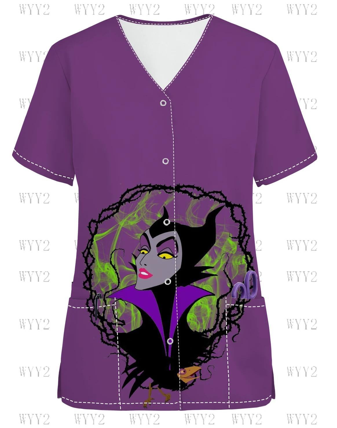 

2024 New Disney Sleeping Devil V-Neck Print Scrub Top Printed Women's Work Uniform Beauty Salon Pet Shop Uniform Jacket