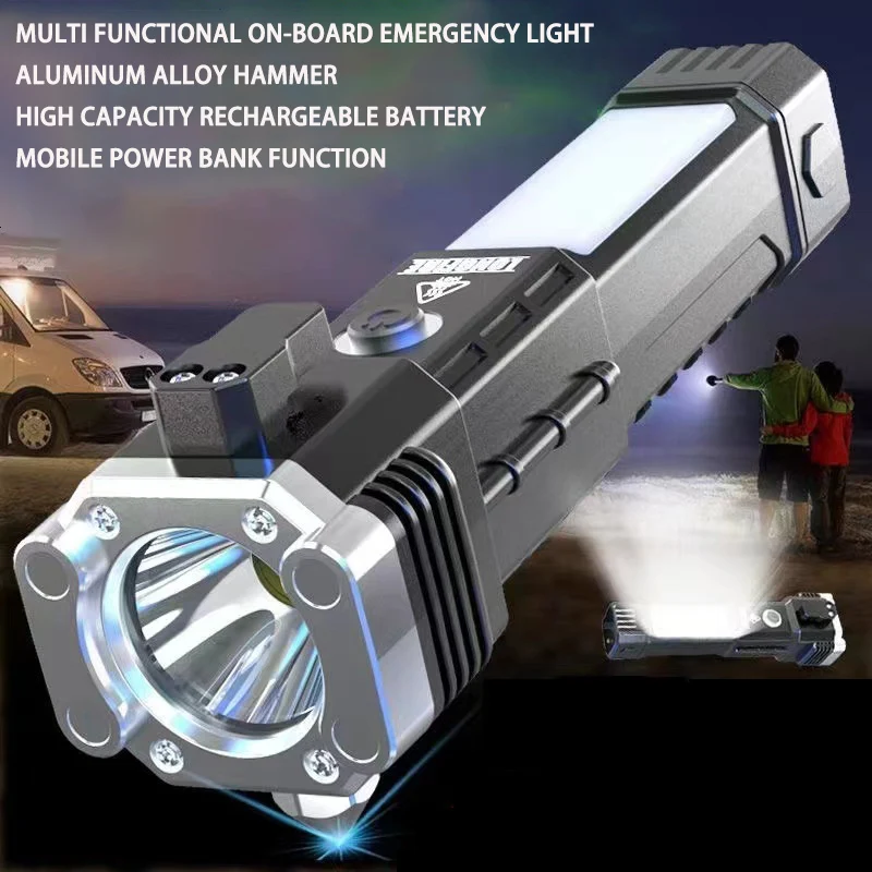 

Multi Functional Flashlight Rechargeable LED Work Light Vehicle Safety Hammer COB Side Light Used For Car Emergency Lighting