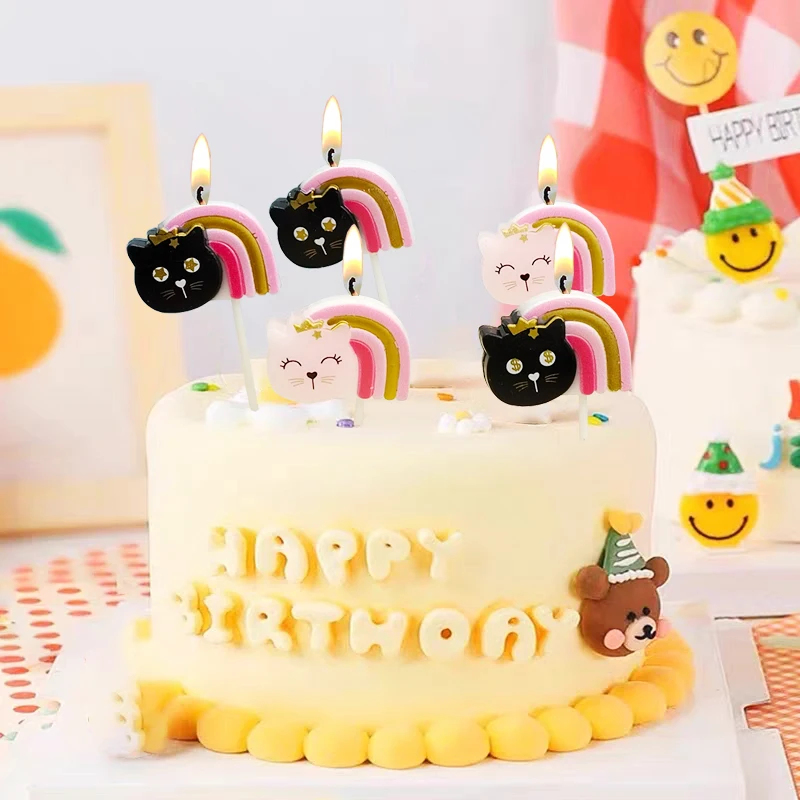 Velas De Cumpleaños Forma De Gato - Pack De 5, Para Decorar Tartas, Hechas De Cera De Parafina, Tiempo De Quema 5 Min
