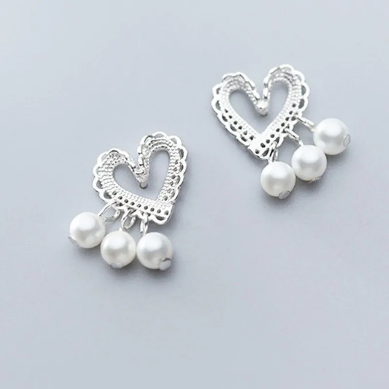 New Fashion Y2K Heart Pearl Stud Earrings for Women Vintage Silver Color Statement Ear Party Jewelry Gifts