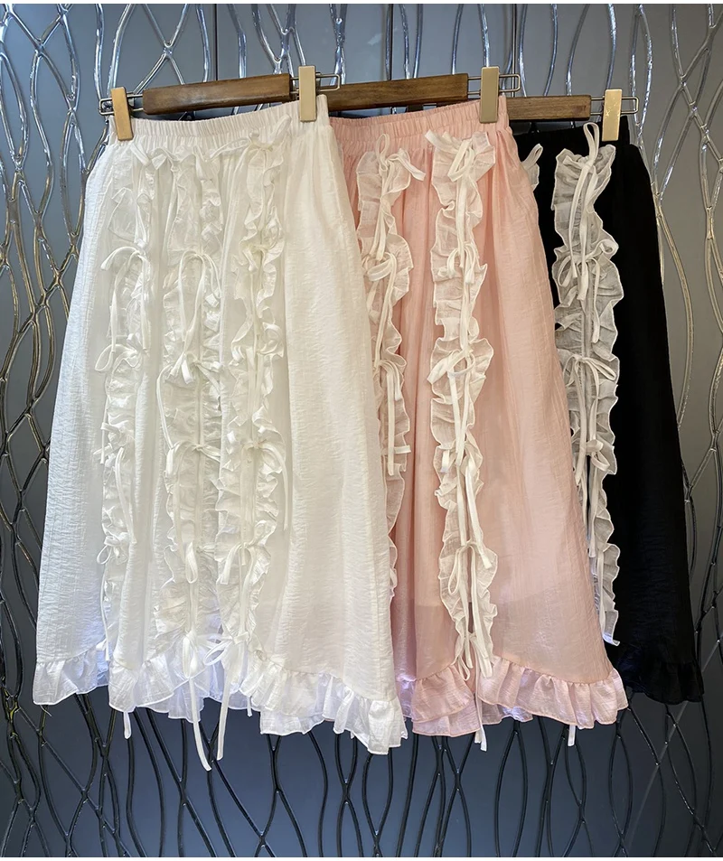 

Newest Fashion Long Skirts 2023 Summer Style Ladies Elastic Waist Tassel Lace Patchwork Casual Long Pink Black White Gown Skirt
