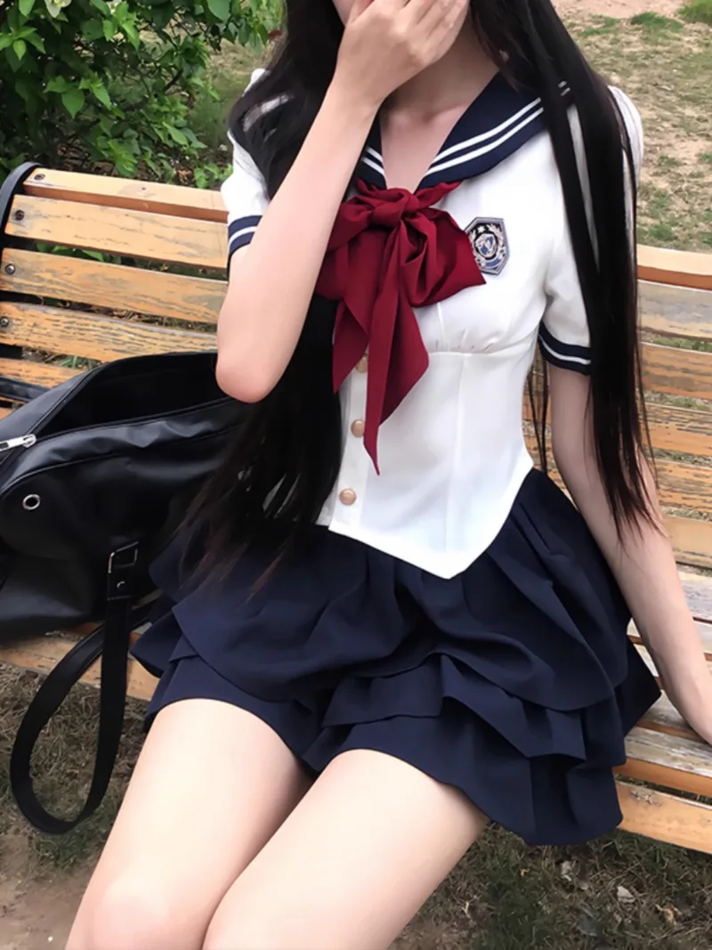 2024 New JK Lolita Uniform Preppy Style White Short-Sleeved Shirt Skirt Sailor Set Cute Waist-Tight Slimming Color Blocking Suit