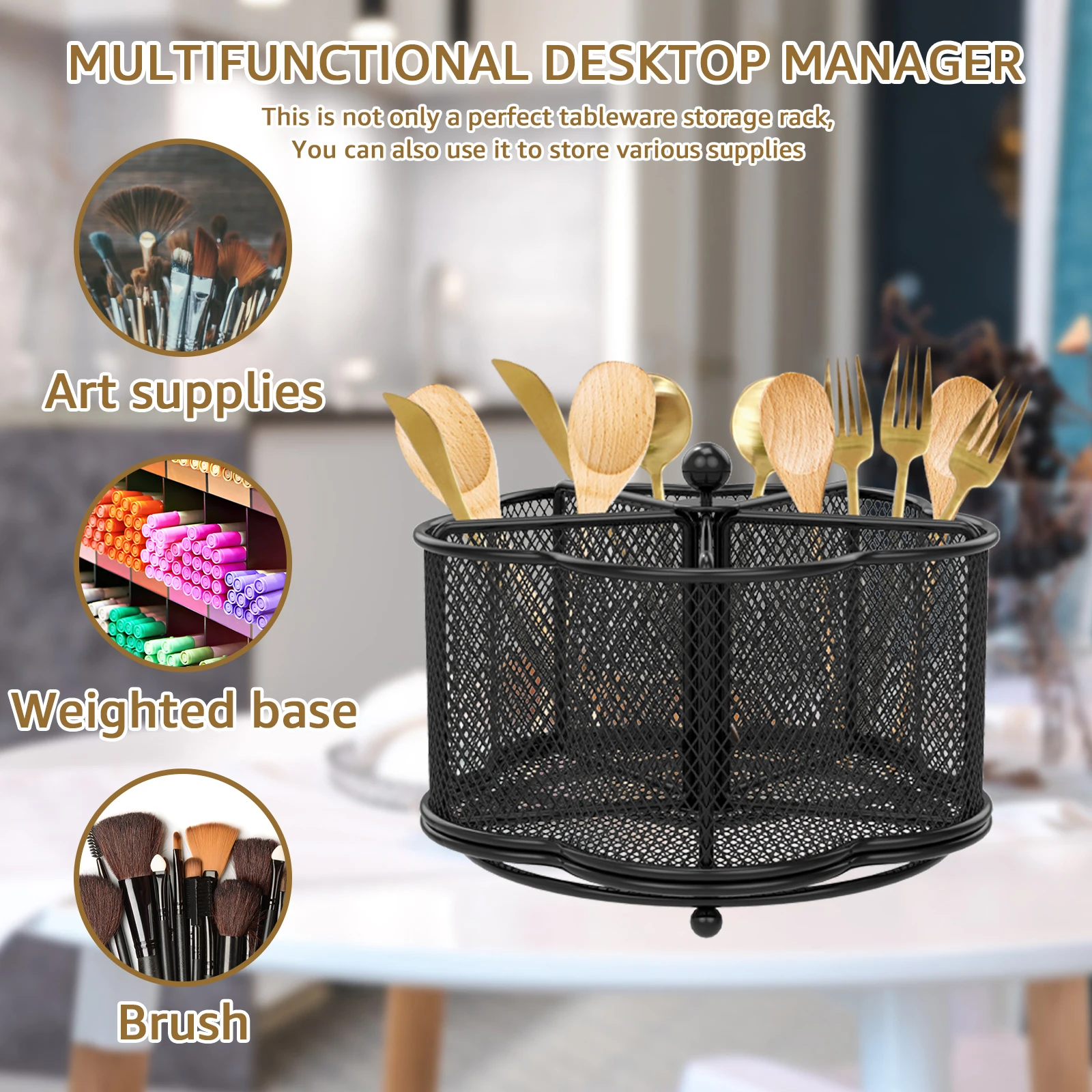 Metal Utensil Caddy 360 Degree Rotating Cutlery Holder 3/4/5 Compartment Flatware Storage Basket Kitchen Camping Countertop