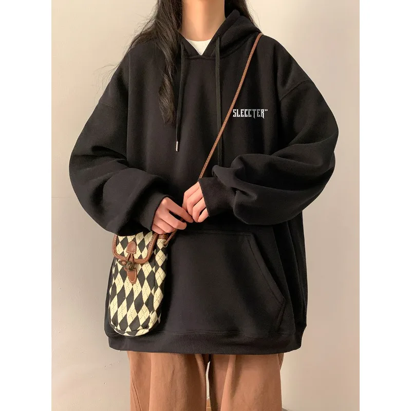 Spring Autumn Women's Pullover Hooded Drawstring Solid Pockets Letter Lantern Long Sleeve Sports Hoodies Vintage Fashion Tops