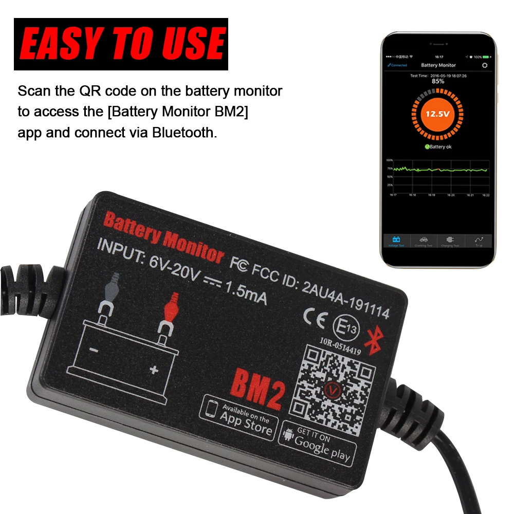 For Android IOS Phone Digital Analyzer BM2 Bluetooth 4.0 With Alarm Voltage Charging Cranking Test 12V Car Battery Monitor normal car temperature gauge