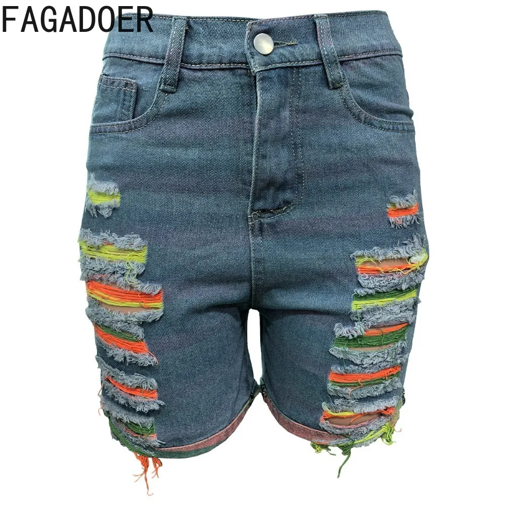 FAGADOER Summer New Hole Tassels Denim Shorts Women High Waisted Button Pocket Skinny Shorts Fashion Female Cowboy Bottoms 2024