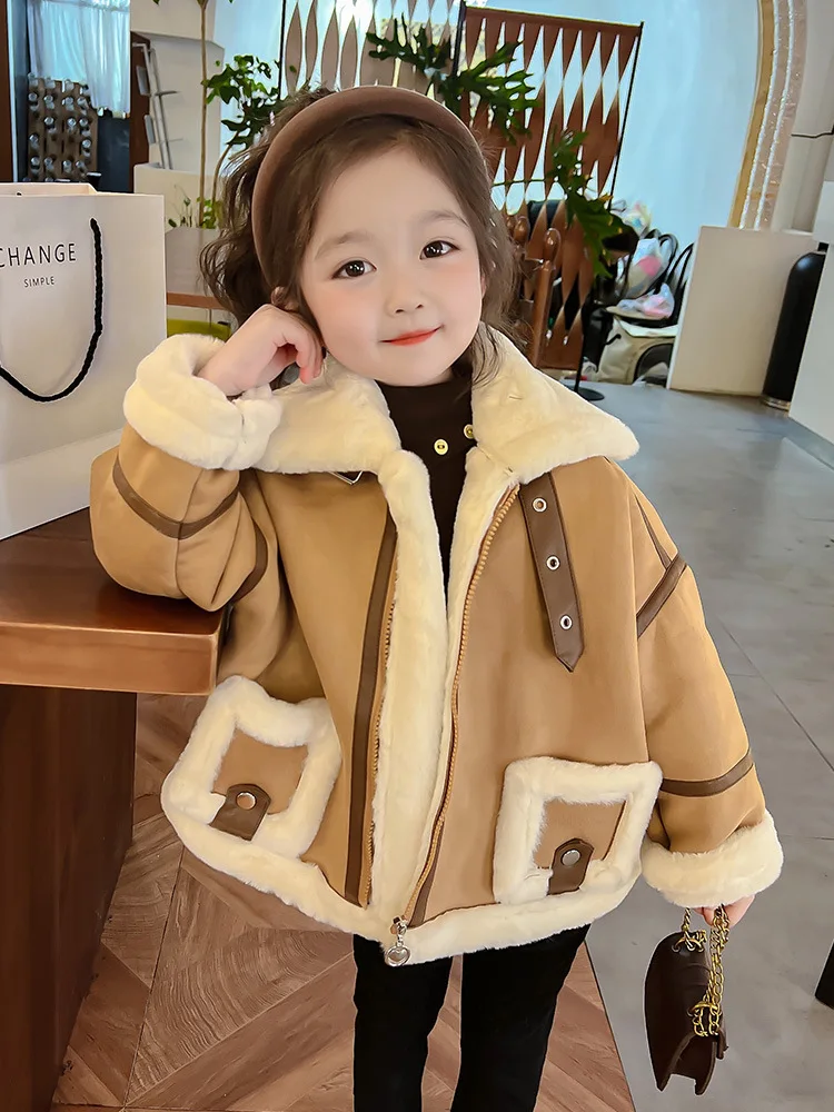 

Fashion Kids Winter Coat Thicken Warm Velvet Fleece Jacket Boys Girls Artificial Fur Zipper Overcoat Children Outerwea