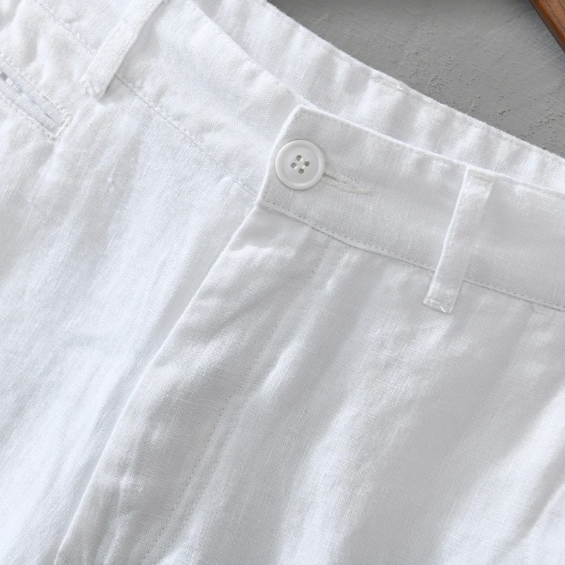 Pure Linen for Men 2024 Summer New Fashion Solid White Loose Holiday Shorts Man Casual Plus Size Button Fly Short Pants_voghion.com
