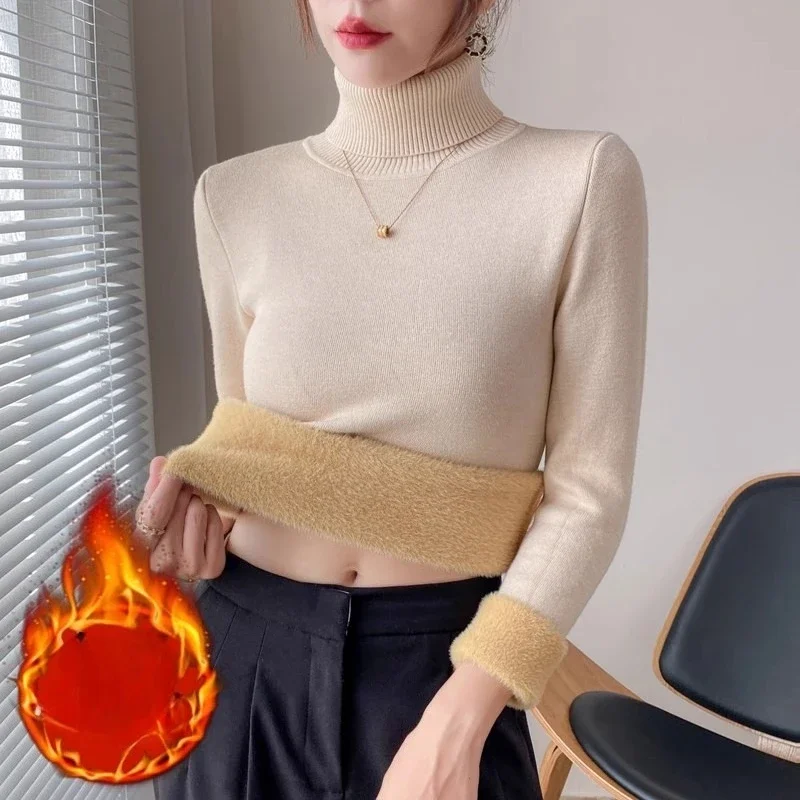 Korean Winter Velvet Turtleneck Solid Color Sweet Women's Knitted Sweater Fashion Autumn Elegant Casual Warm Pullover Top