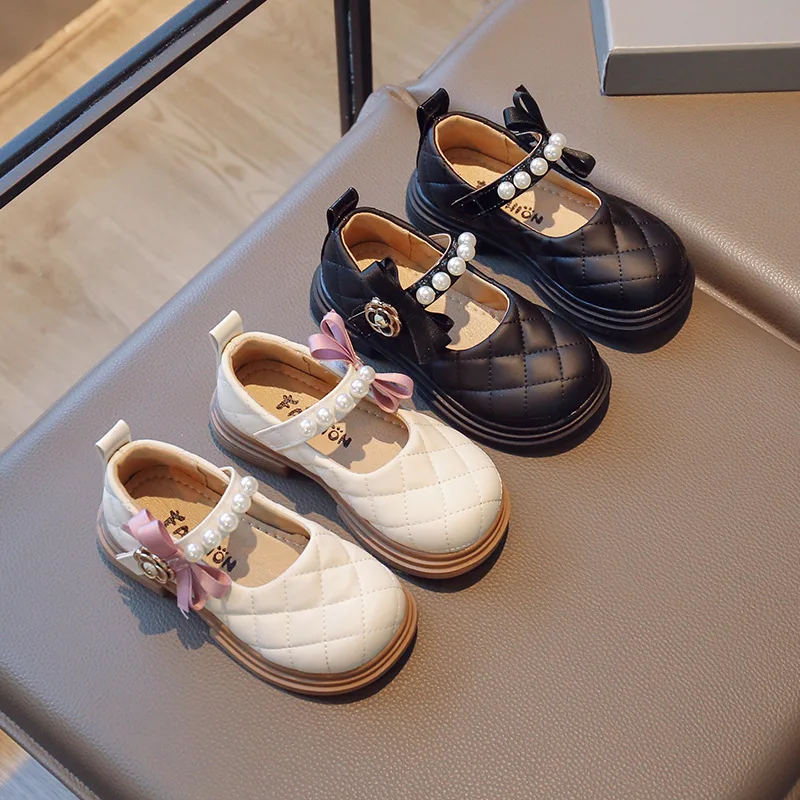 

Sweet Girls Princess Shoes Fashion Autumn Side Bowknot Pearls Children Mary Jane Shoes Round-toe Elegant Chic Kids Leather Shoes