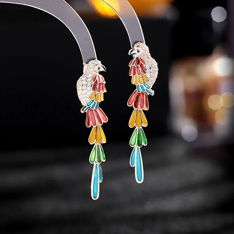 

Boho Style Enamel Long Colored Feather Drop Birds Earrings Parrot Drop Earrings Women Accessory