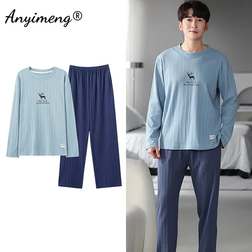 한국어 미니멀리스트 스타일 남자 잠옷 세트 긴 소매 Loungewear 코 튼 잠 옷 소년 레저 망 Pijamas 패션 Homesuits 4