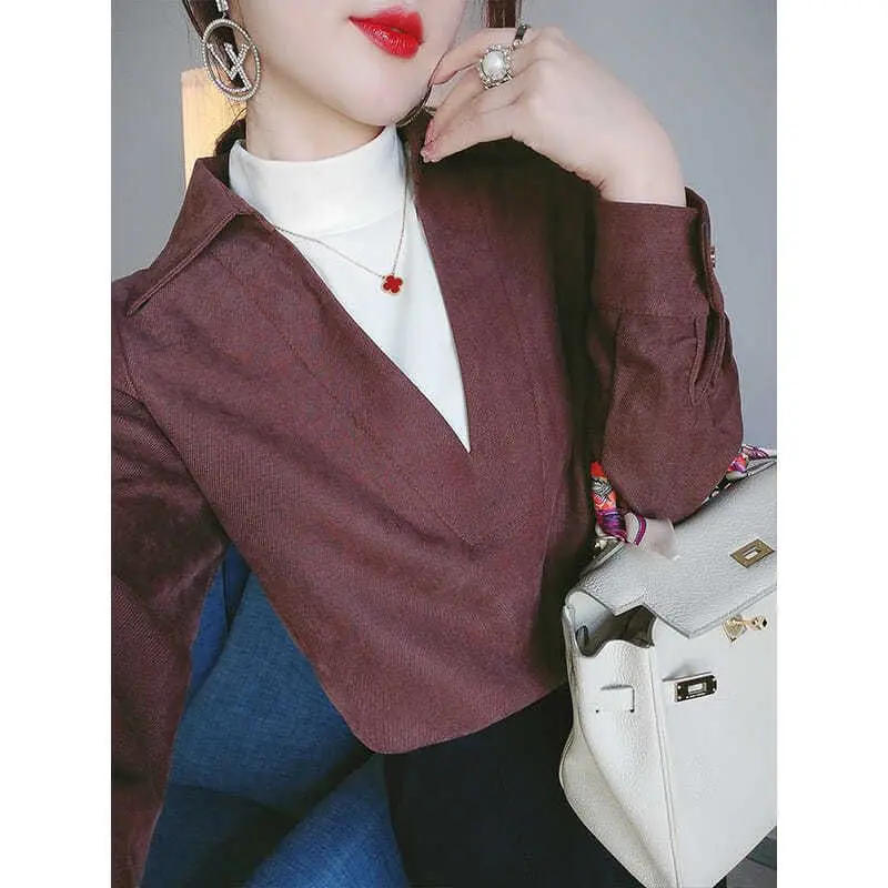 Fashion V-Neck Spliced Fake Two Piece Blouse Women's Clothing 2023 Autumn New Casual Pullovers All-match Office Lady Shirt